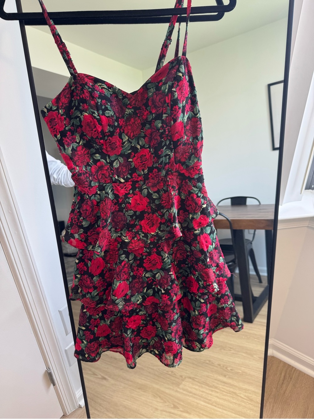 by & by Black Dress with Red and Green Floral Trim